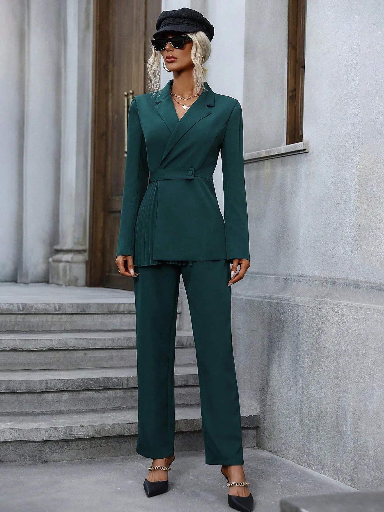 SHEIN LUNE Lapel Neck Pleated Detail Blazer & Pants