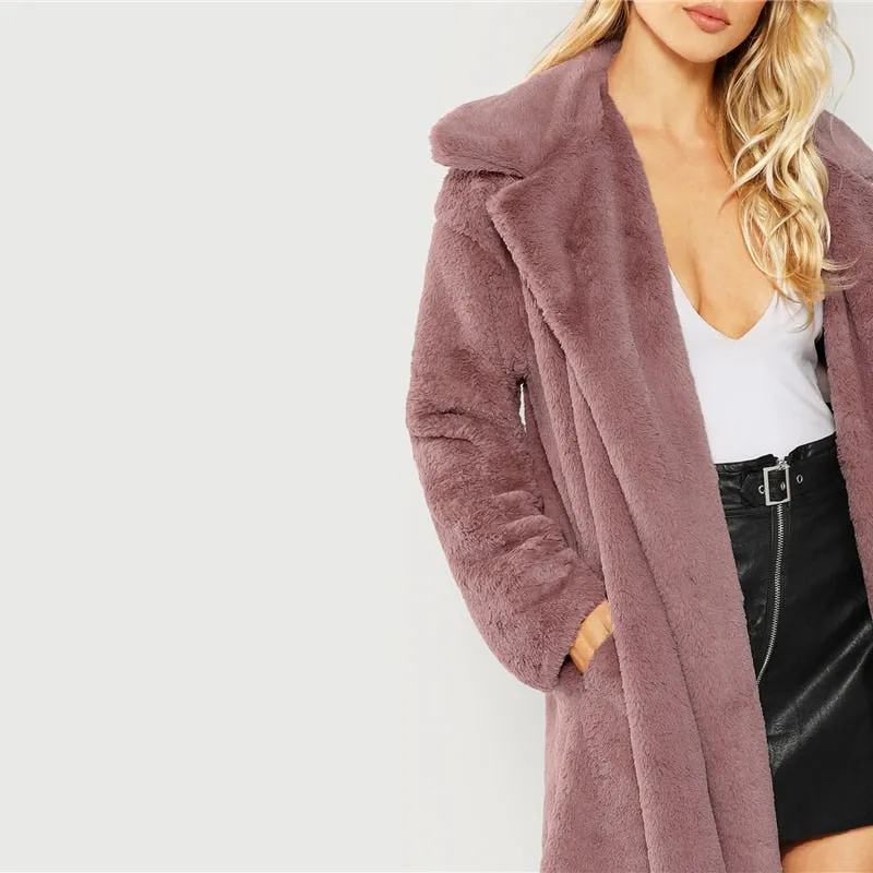 SHEIN Pink Office Lady Elegant Open Front Longline Faux Fur Teddy Solid Coat 2018 Autumn Minimalist Women Coats Outerwear