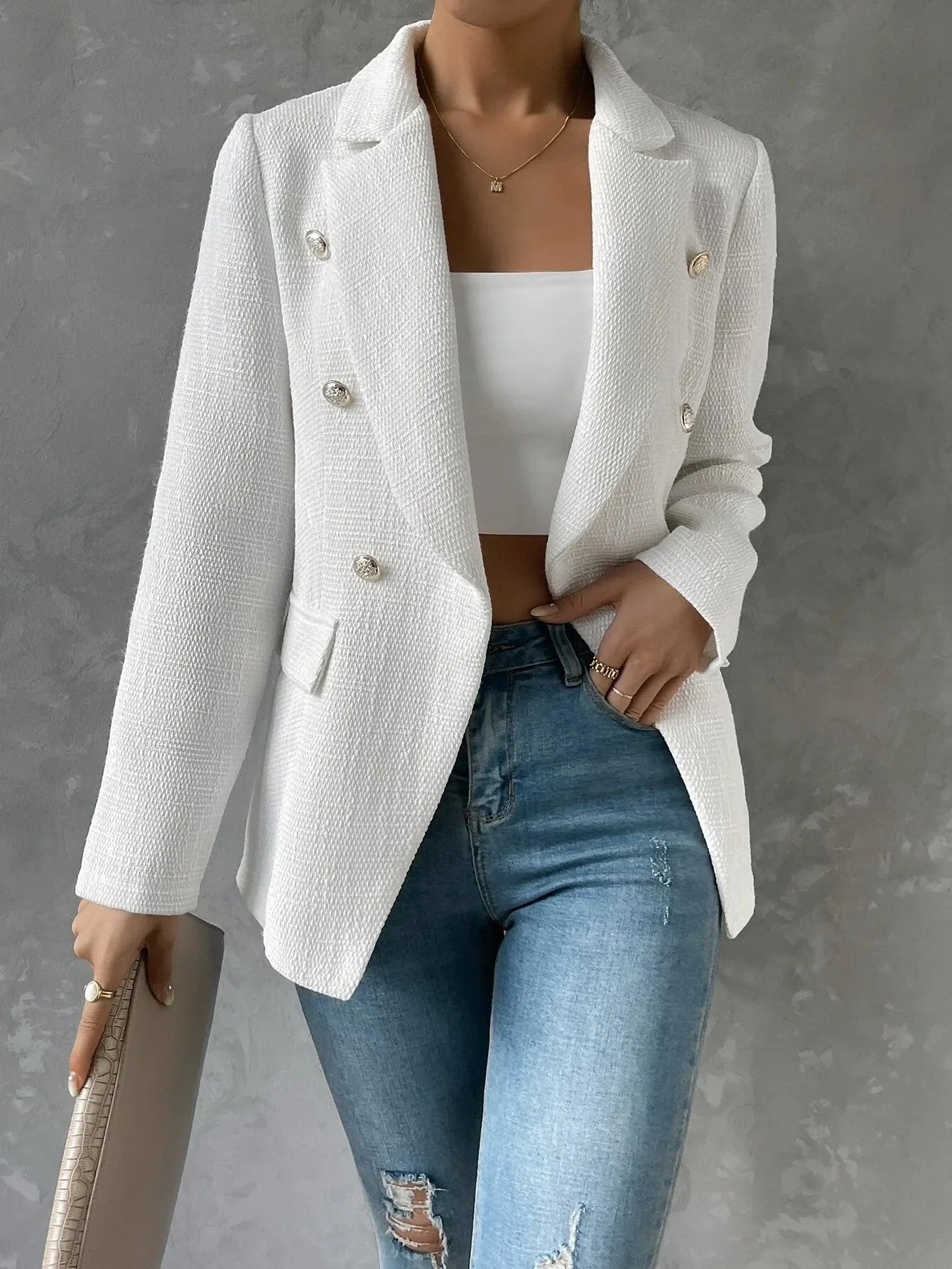 SHEIN Privé Double Breasted Flap Detail Blazer Without Belt