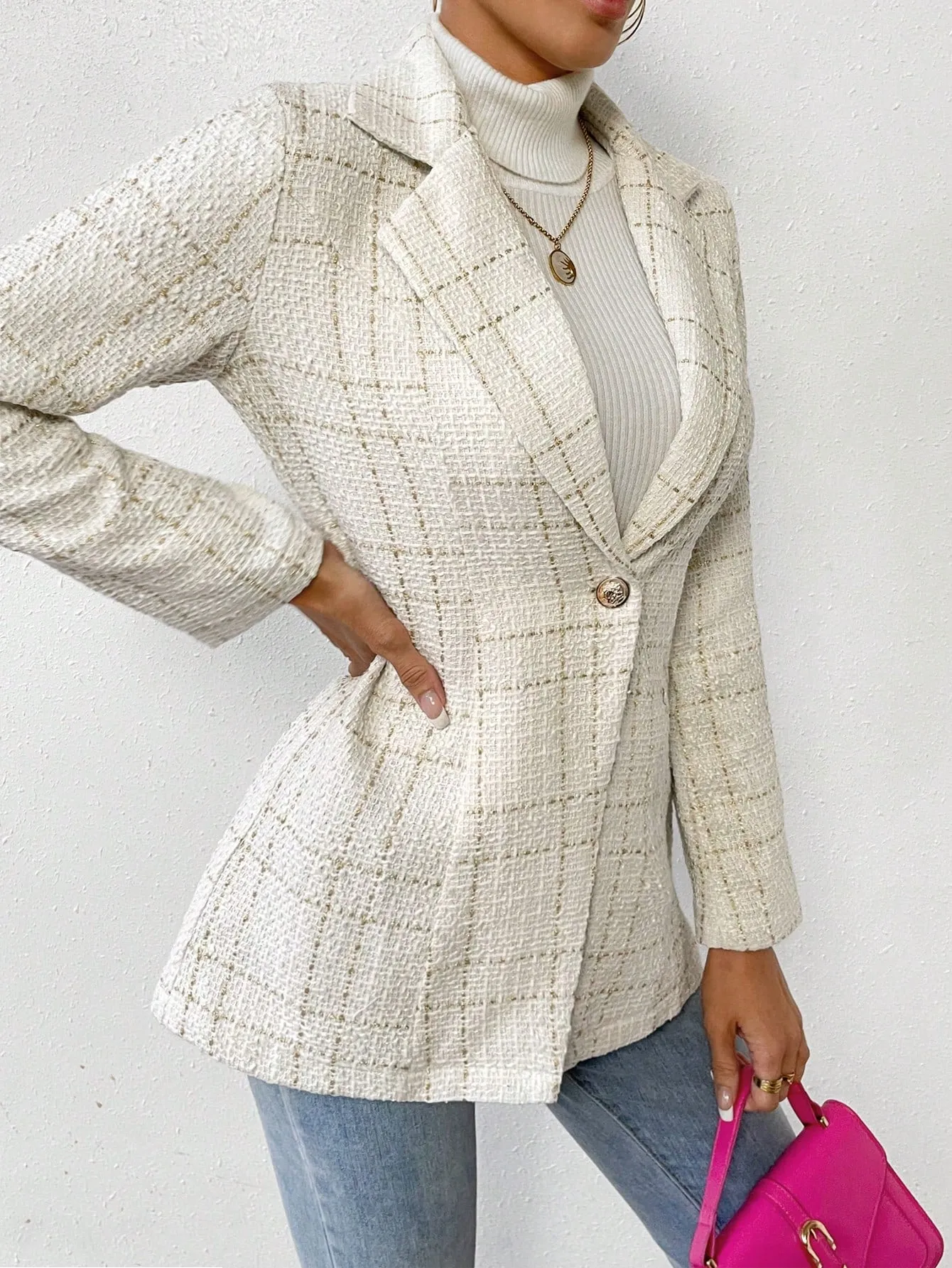 SHEIN Priv̩ Plaid Pattern Lapel Neck Single Button Tweed Blazer