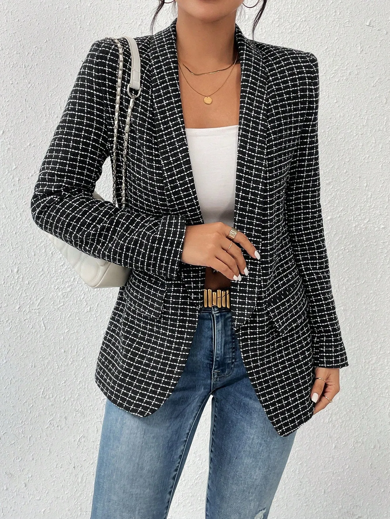 SHEIN Priv̩ Plaid Print Shawl Collar Blazer