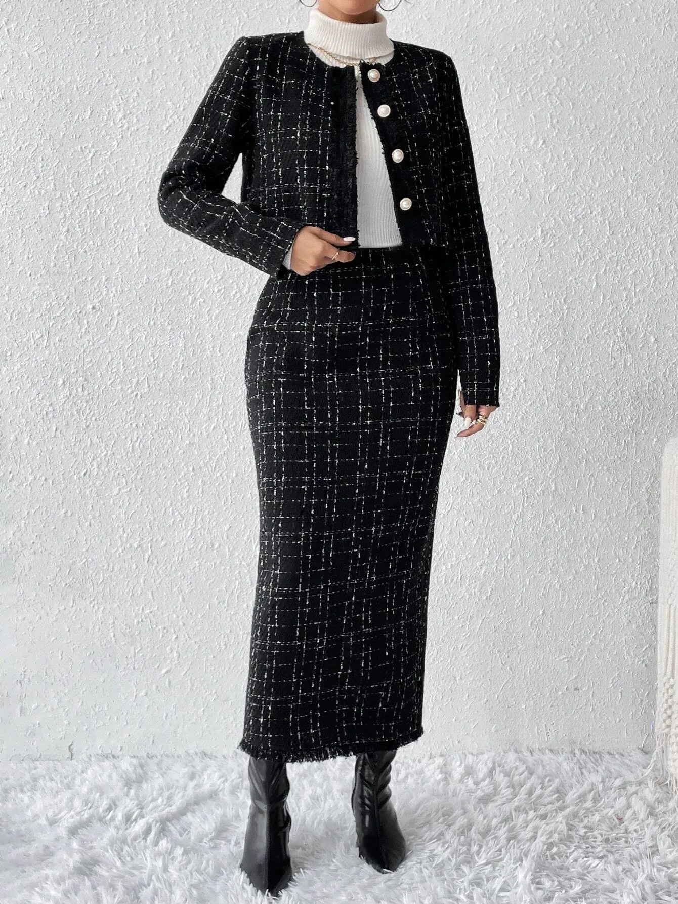 SHEIN Privé Plaid Tweed Jacket & Skirt