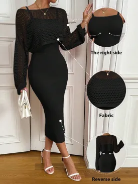 SHEIN Raffinéa 2pcs Elegant Women`S Solid Color Hollow-Out Long Sleeve Sweater & Sleeveless Knit Dress Set, Autumn/Winter