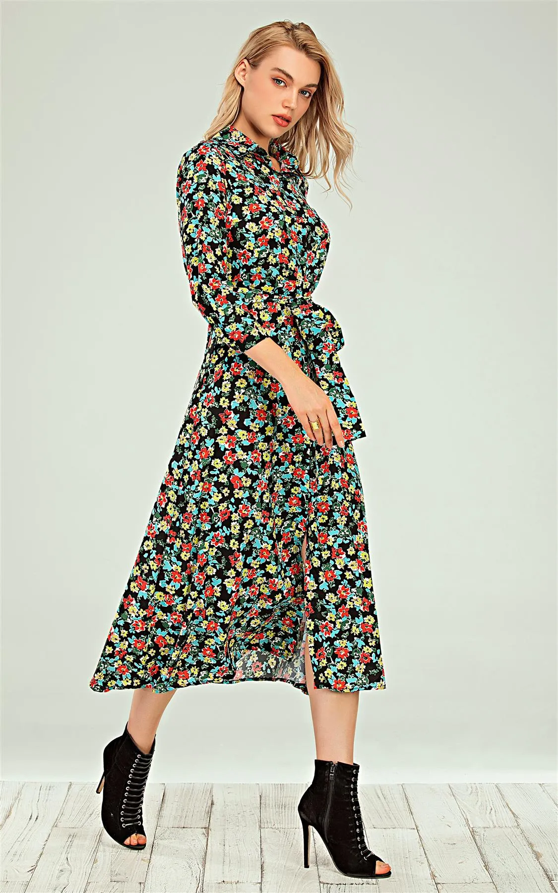 Shirt Dress In Black & & Red Blue Yellow Ditsy Floral Print