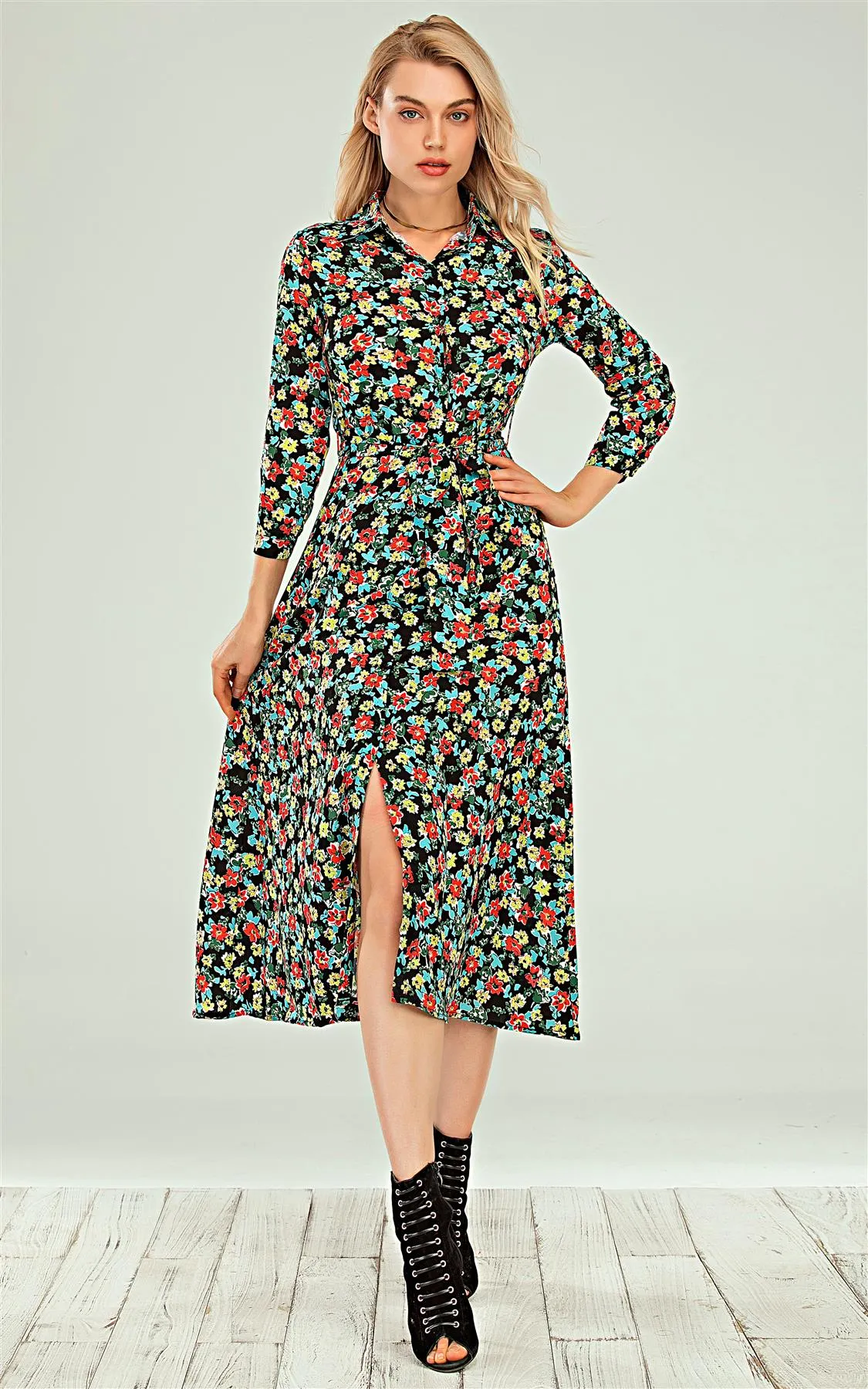 Shirt Dress In Black & & Red Blue Yellow Ditsy Floral Print