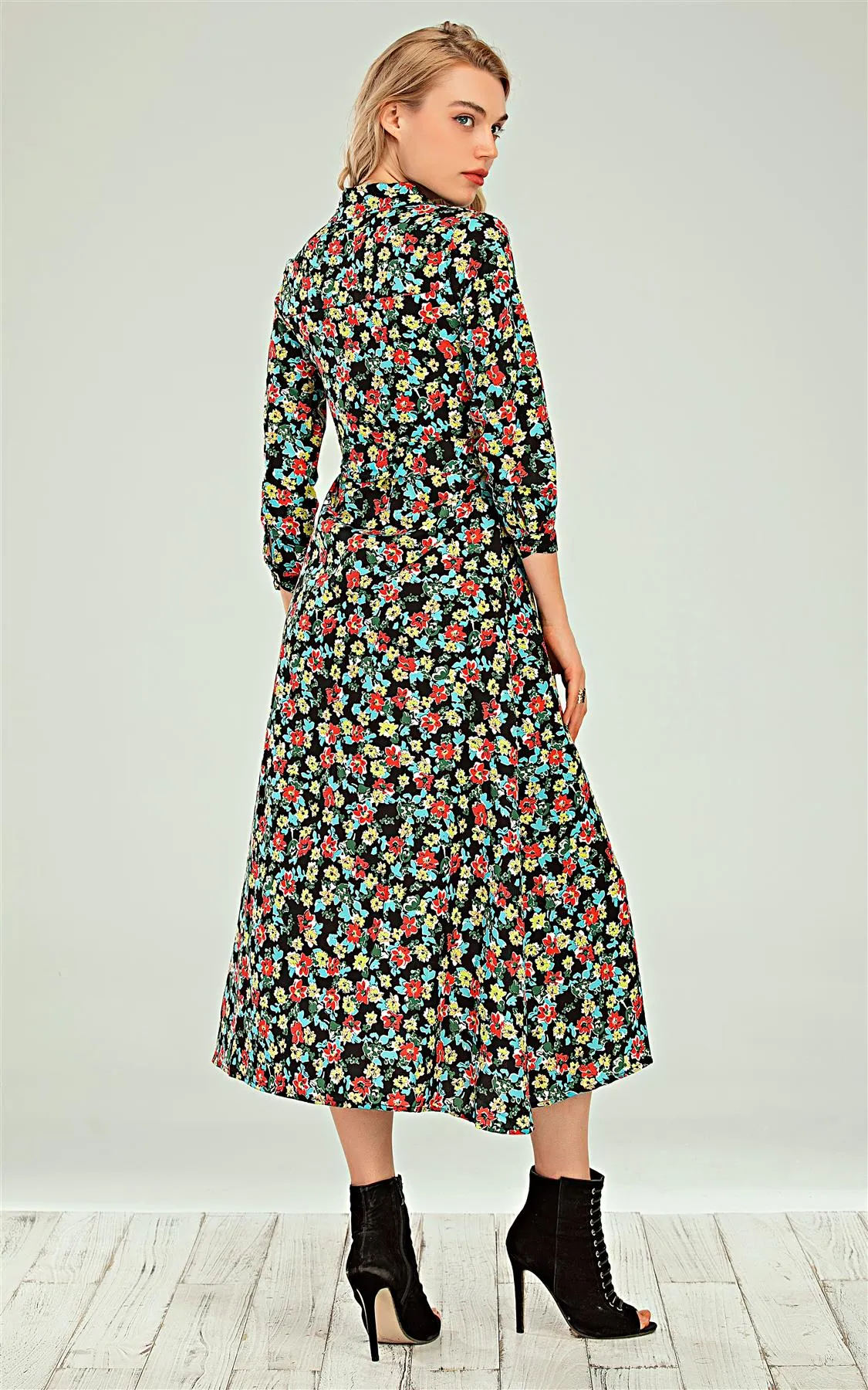 Shirt Dress In Black & & Red Blue Yellow Ditsy Floral Print