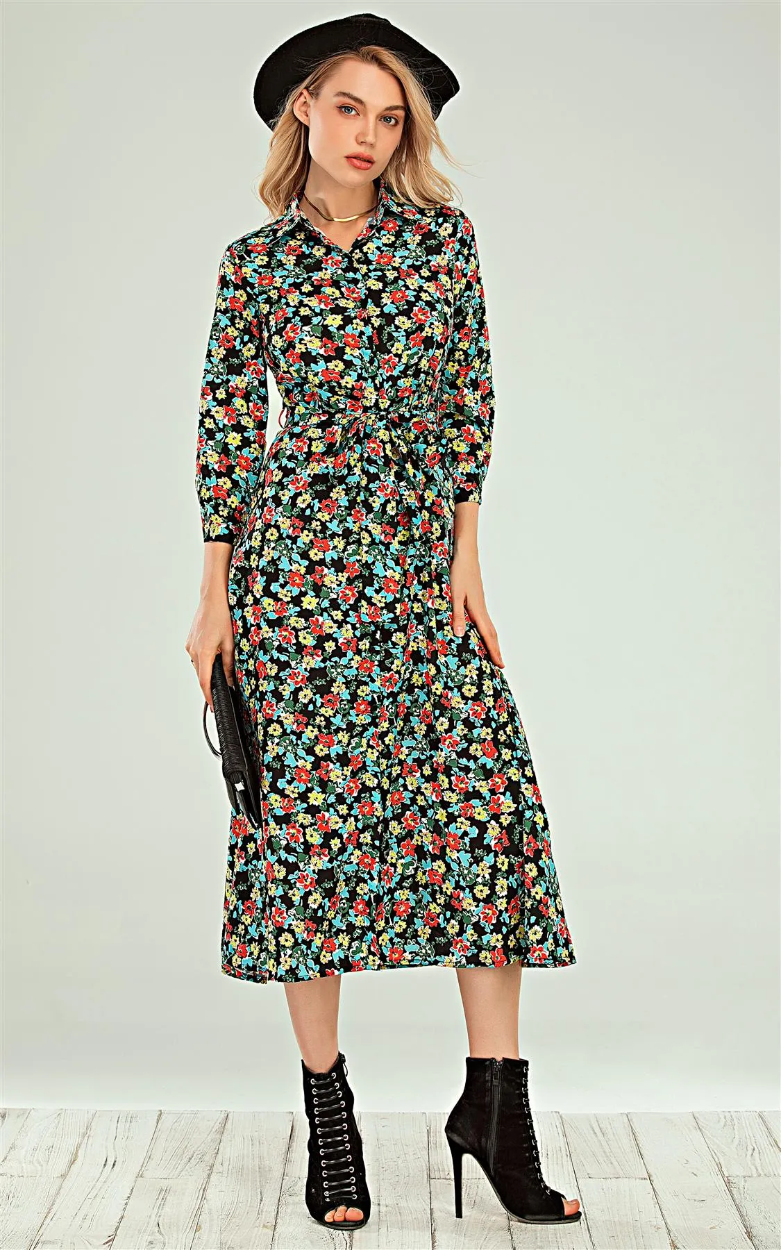 Shirt Dress In Black & & Red Blue Yellow Ditsy Floral Print