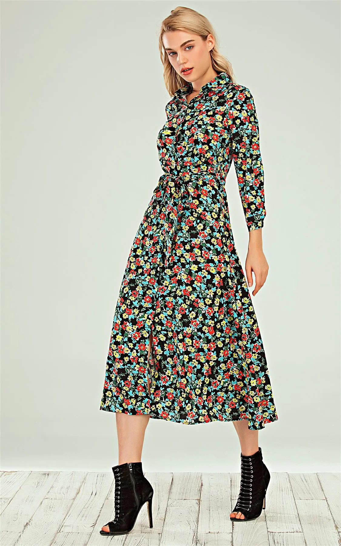 Shirt Dress In Black & & Red Blue Yellow Ditsy Floral Print