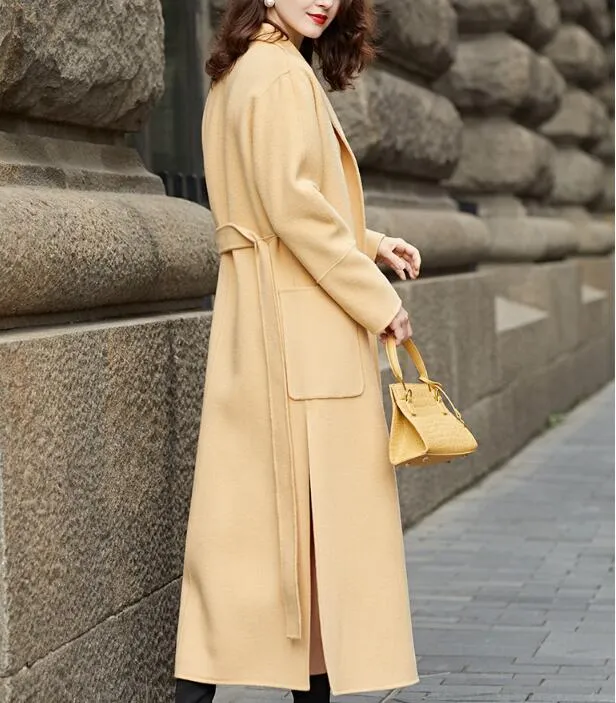 Slit Waist Belt Wool Coat, Handmade Long Warm Women Wool Coat Jacket/2662