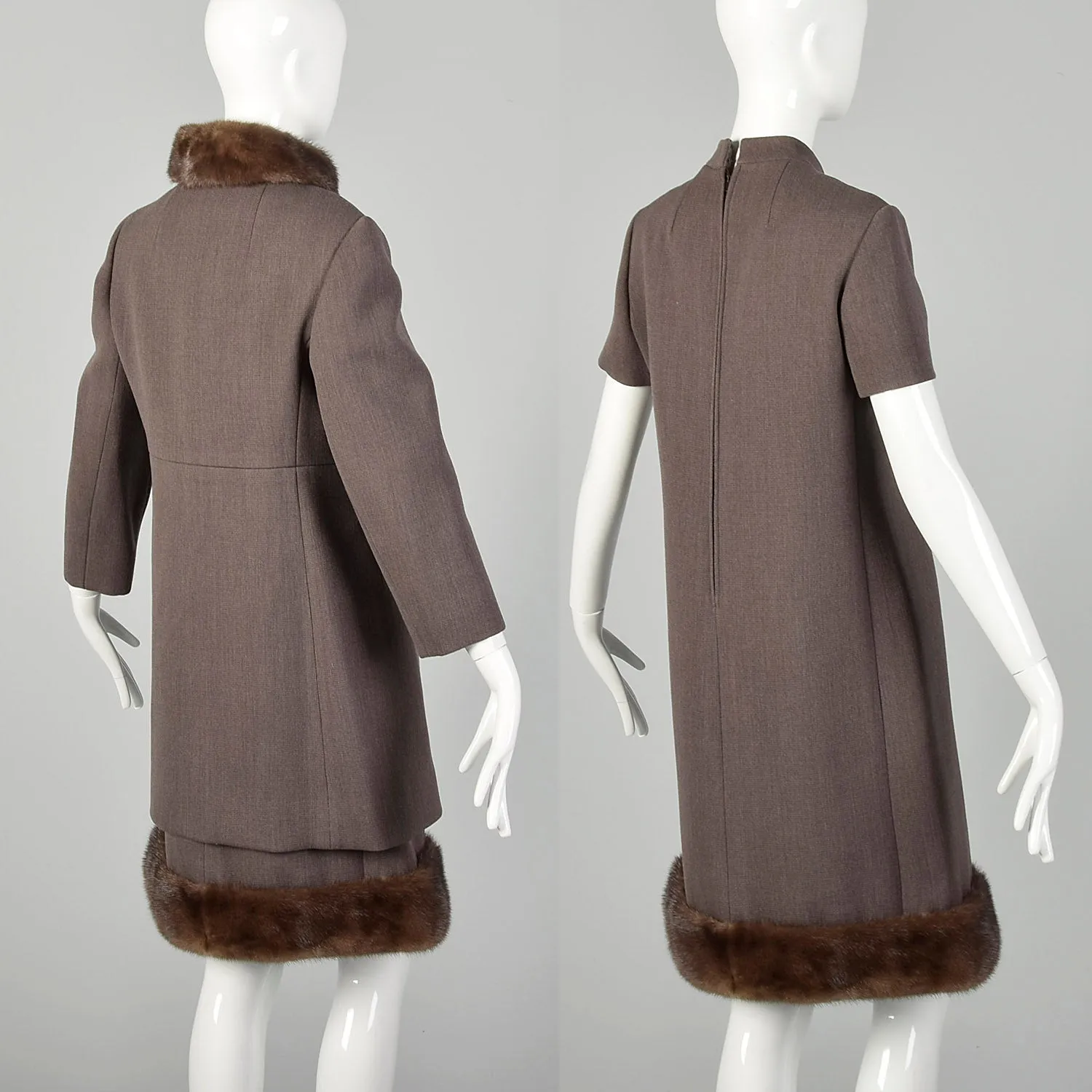 Small 1960s Mod Dress and Winter Coat Set with Taupe Mink Fur Trim