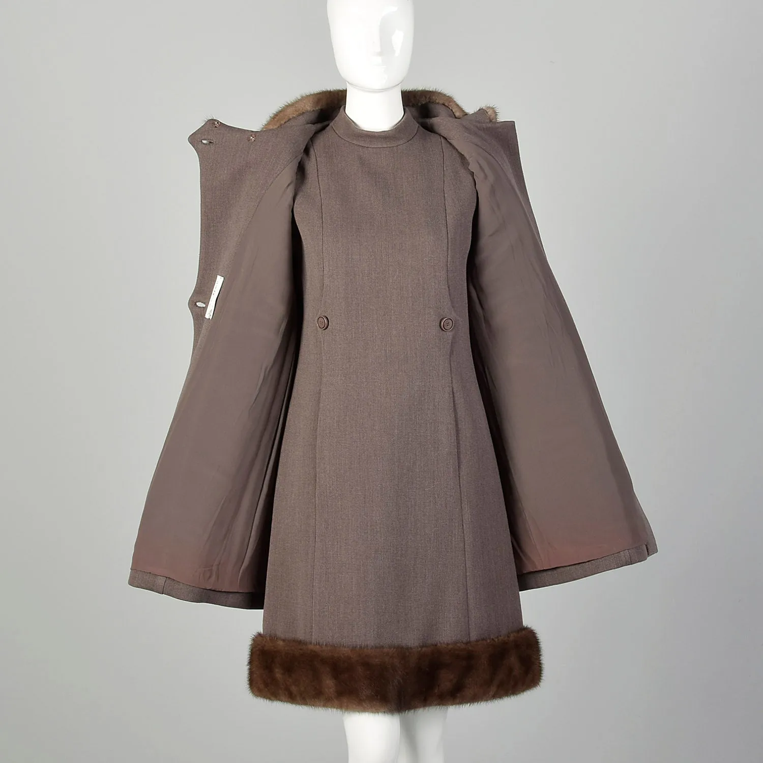 Small 1960s Mod Dress and Winter Coat Set with Taupe Mink Fur Trim