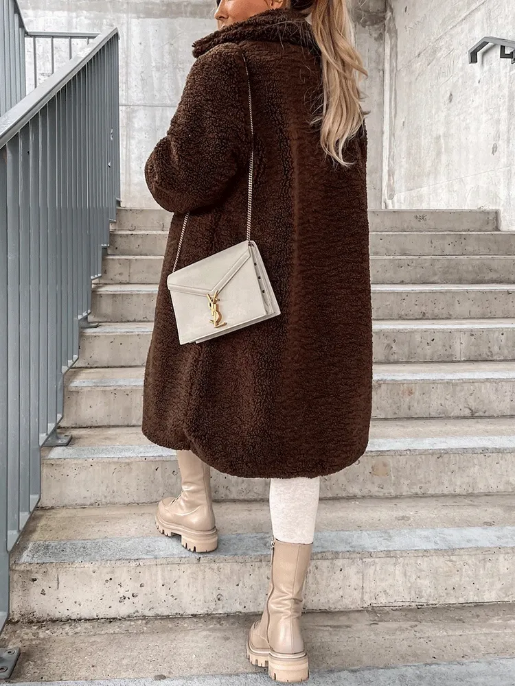 Solid Lapel Teddy Fur Long Coat