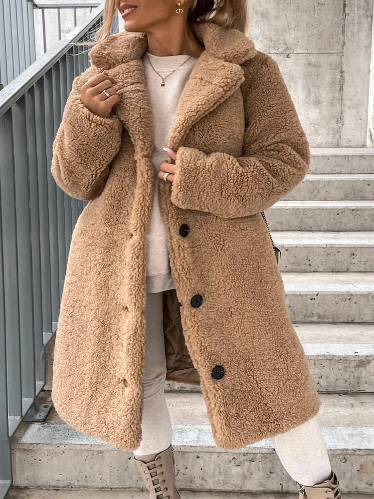 Solid Lapel Teddy Fur Long Coat