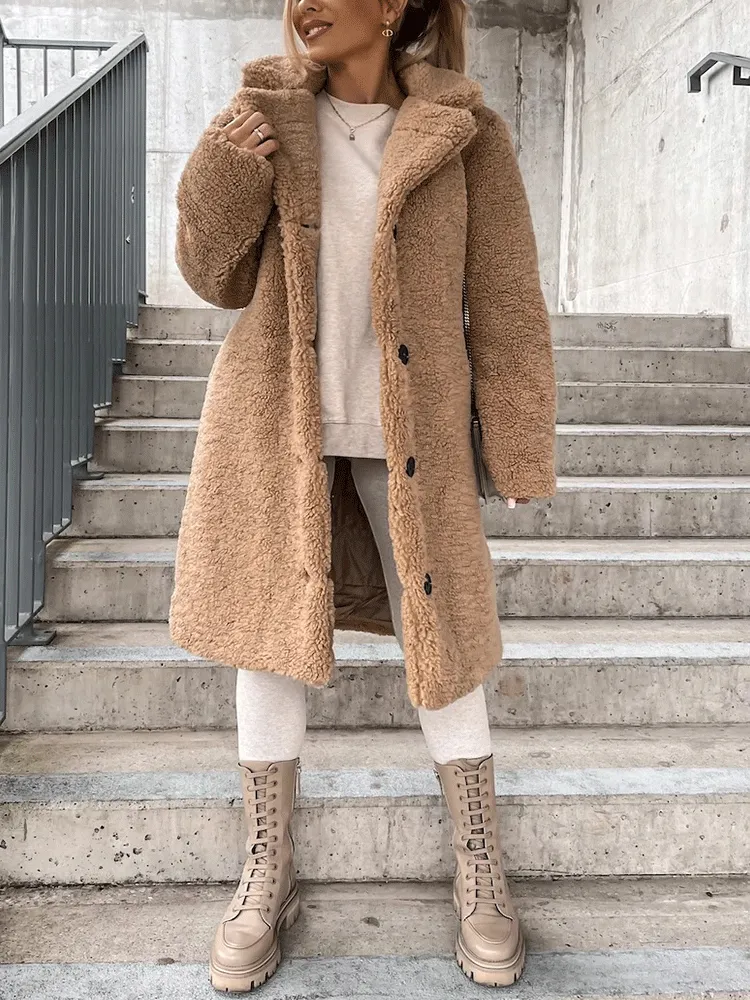 Solid Lapel Teddy Fur Long Coat