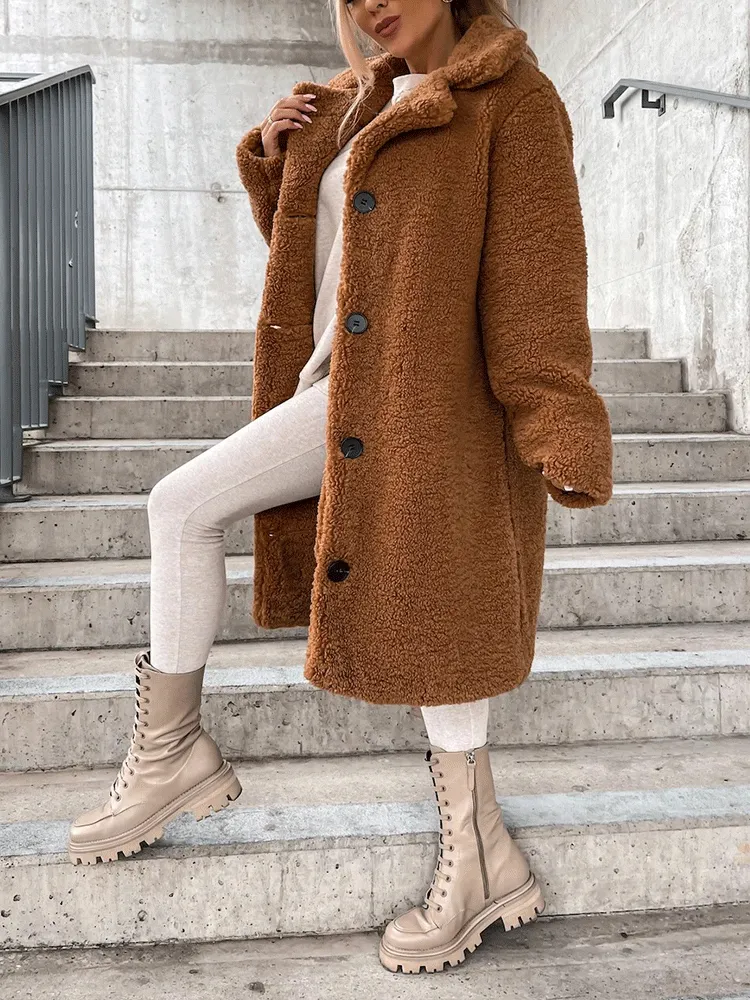 Solid Lapel Teddy Fur Long Coat