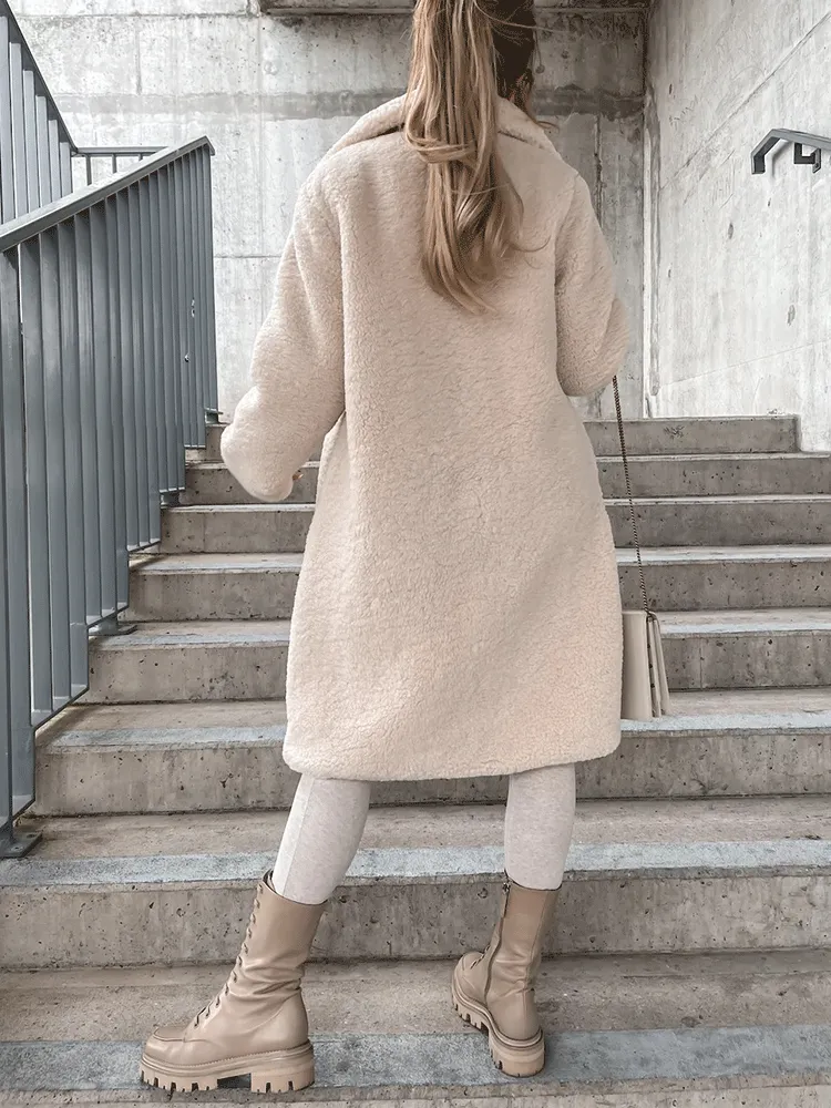 Solid Lapel Teddy Fur Long Coat