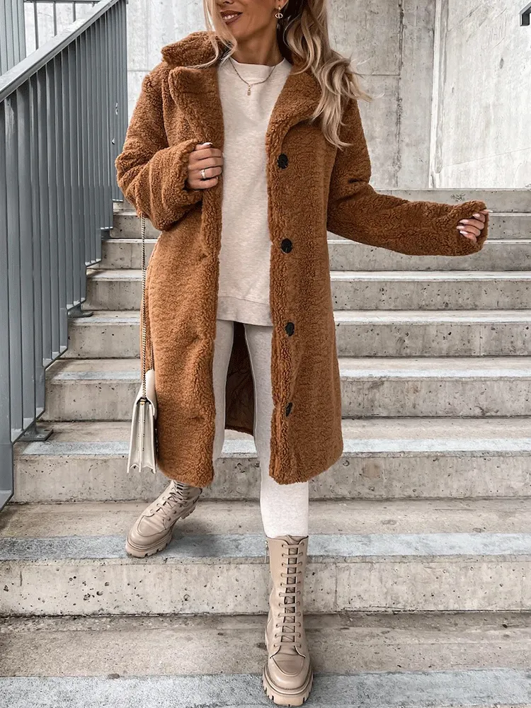 Solid Lapel Teddy Fur Long Coat