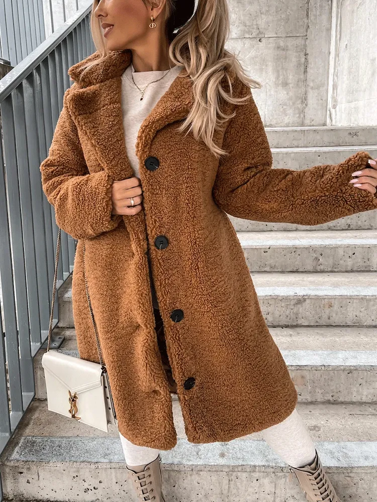 Solid Lapel Teddy Fur Long Coat