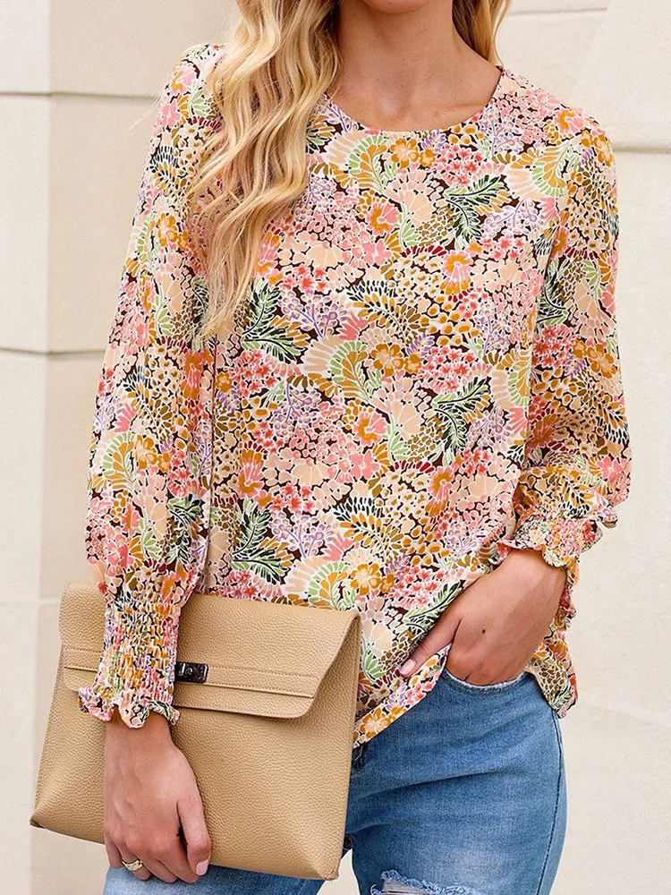 Spring Autumn Ethnic Style Floral Long Sleeves Thin Chiffon Shirt Women's Fashion Bohemia Print Pullover Shirt