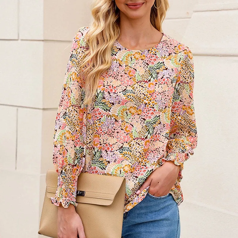 Spring Autumn Ethnic Style Floral Long Sleeves Thin Chiffon Shirt Women's Fashion Bohemia Print Pullover Shirt