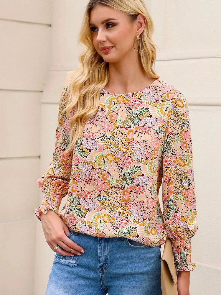 Spring Autumn Ethnic Style Floral Long Sleeves Thin Chiffon Shirt Women's Fashion Bohemia Print Pullover Shirt