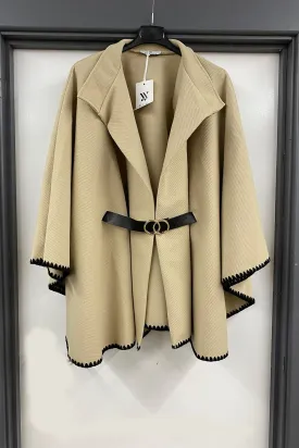 STONE OVERSIZED CONTRAST STITCH BELTED CAPE COAT