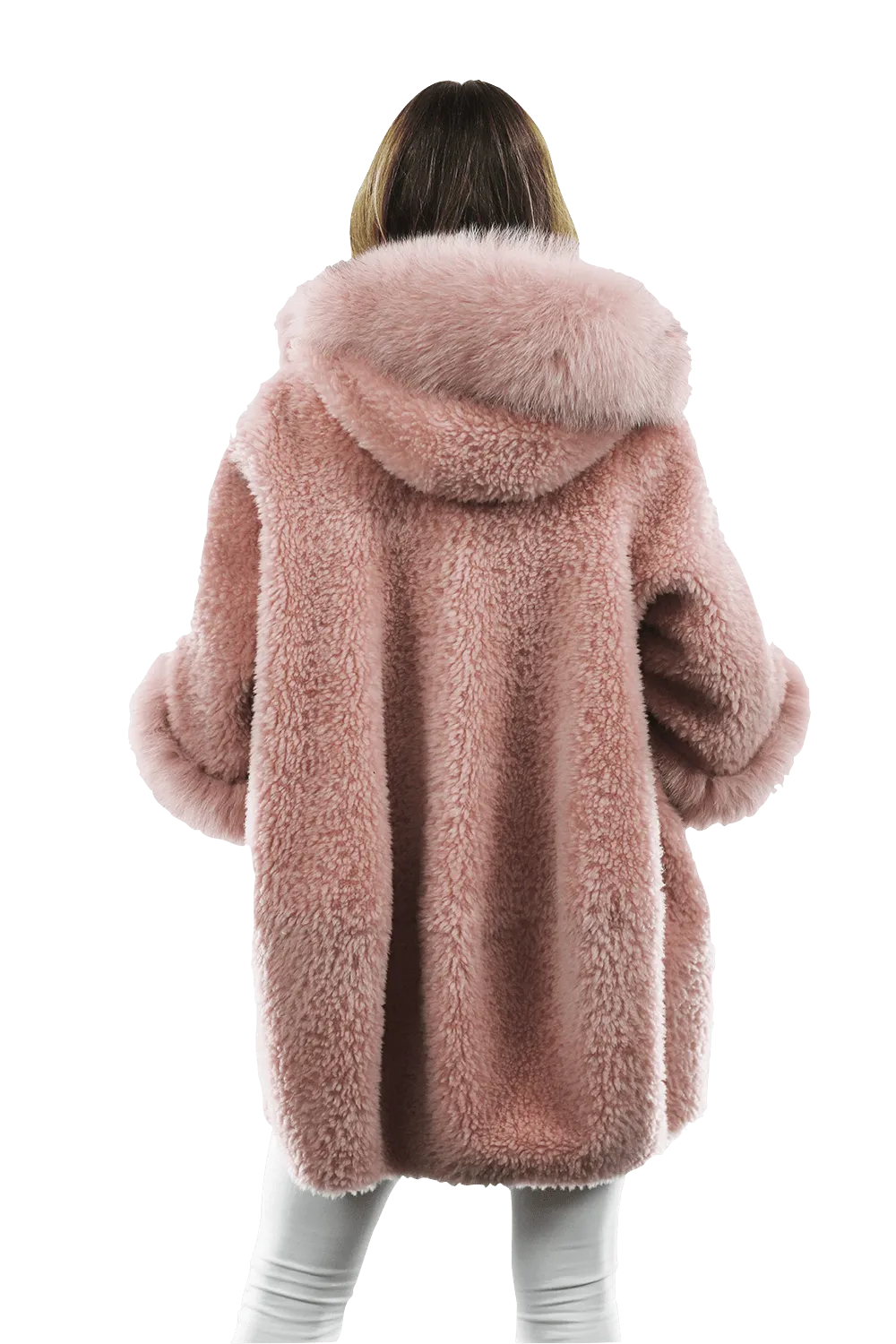 Teddy Coat with Fox Trim Hood/Cuffs - Pink