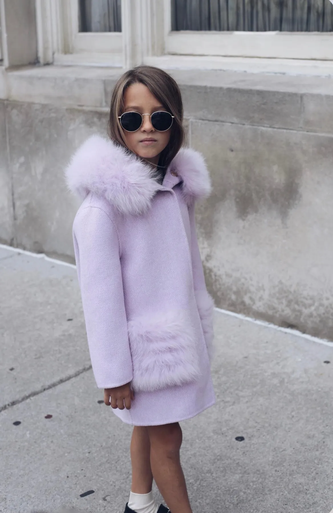 'Thea' hooded cashmere coat with fur pocket - Lavender