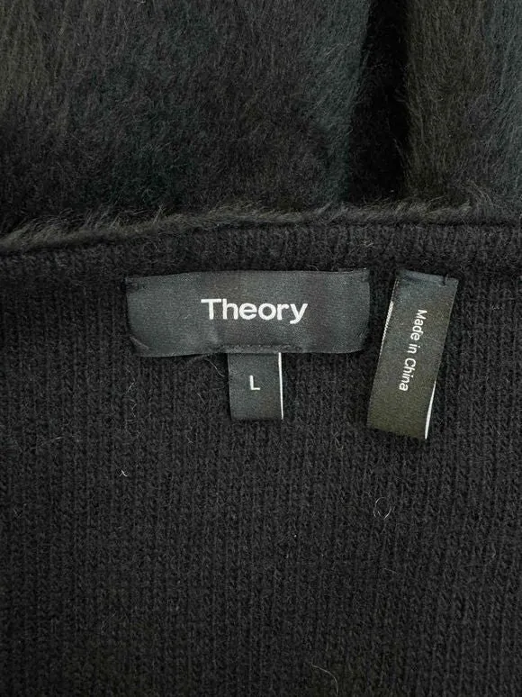 THEORY FAUX FUR BOAT NECK LS BLACK SWEATER TOP SIZE L