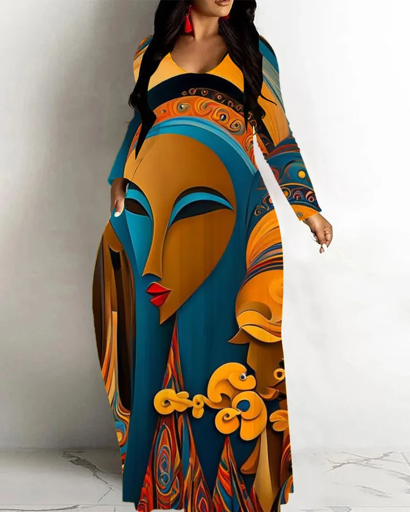 Tribal Retro Art Print Loose Hem Long Sleeve Maxi Dress