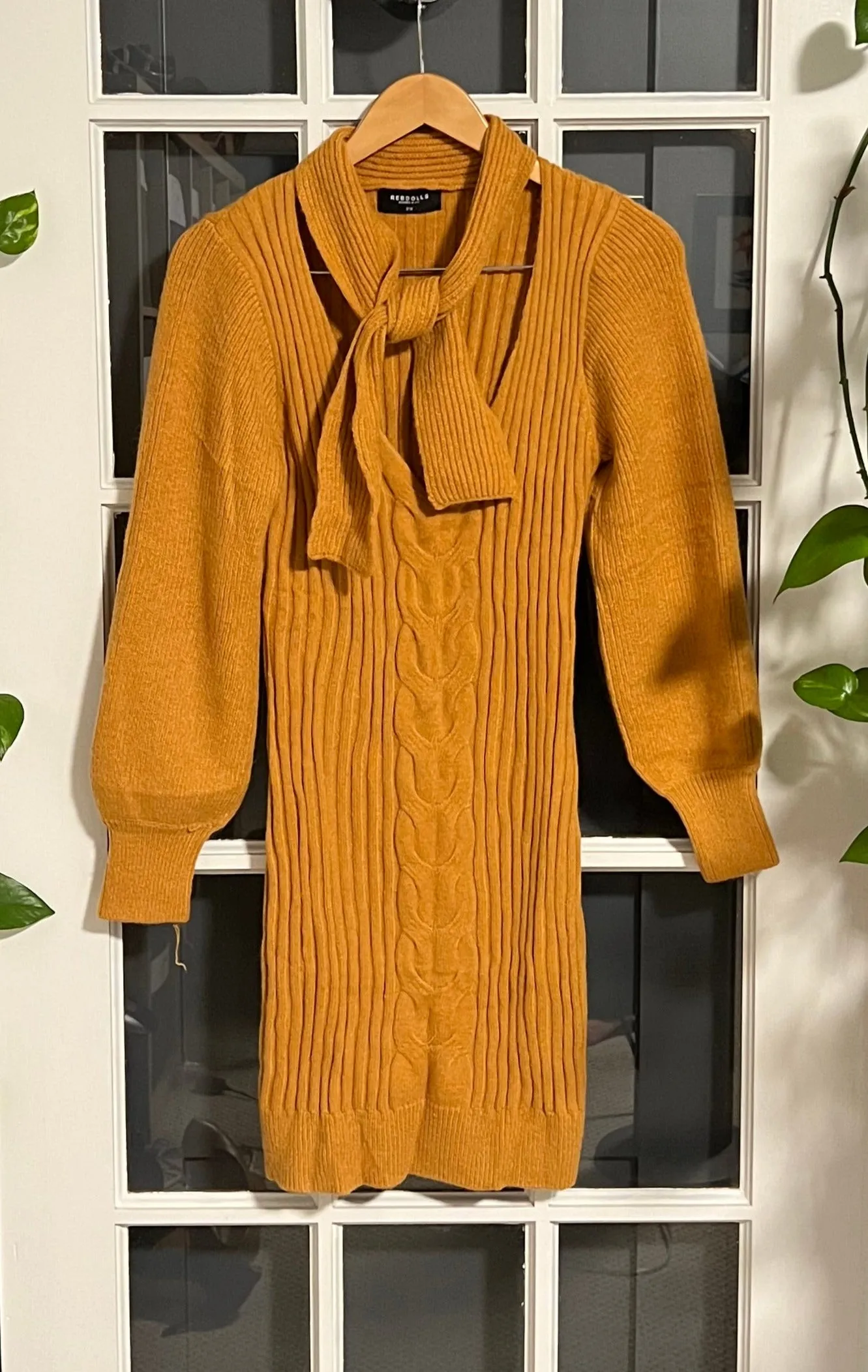 V-Neck Mustard Tie Mini Sweater Dress 2X