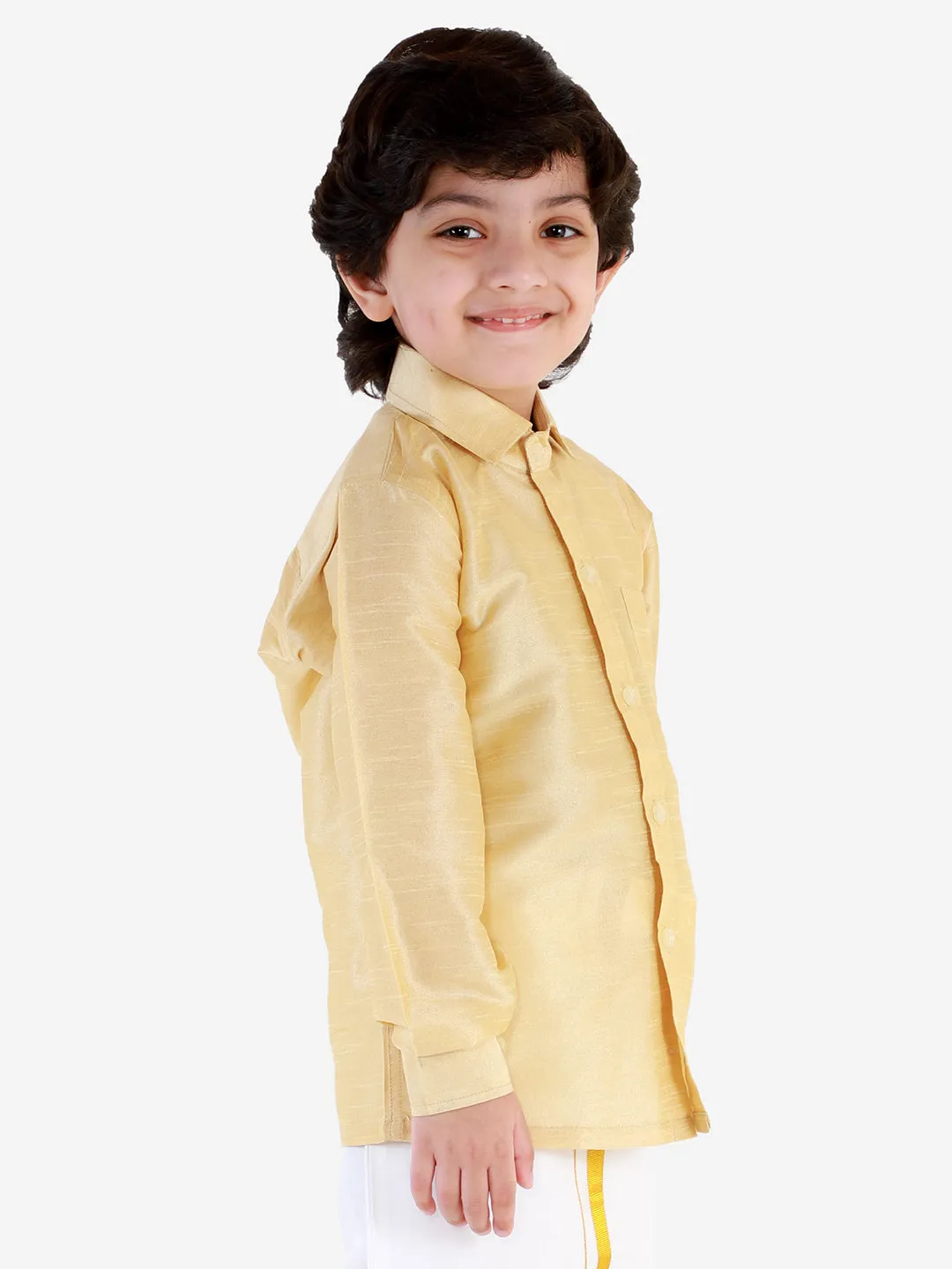 VASTRAMAY Boys' Gold Silk Long Sleeves Ethnic Shirt