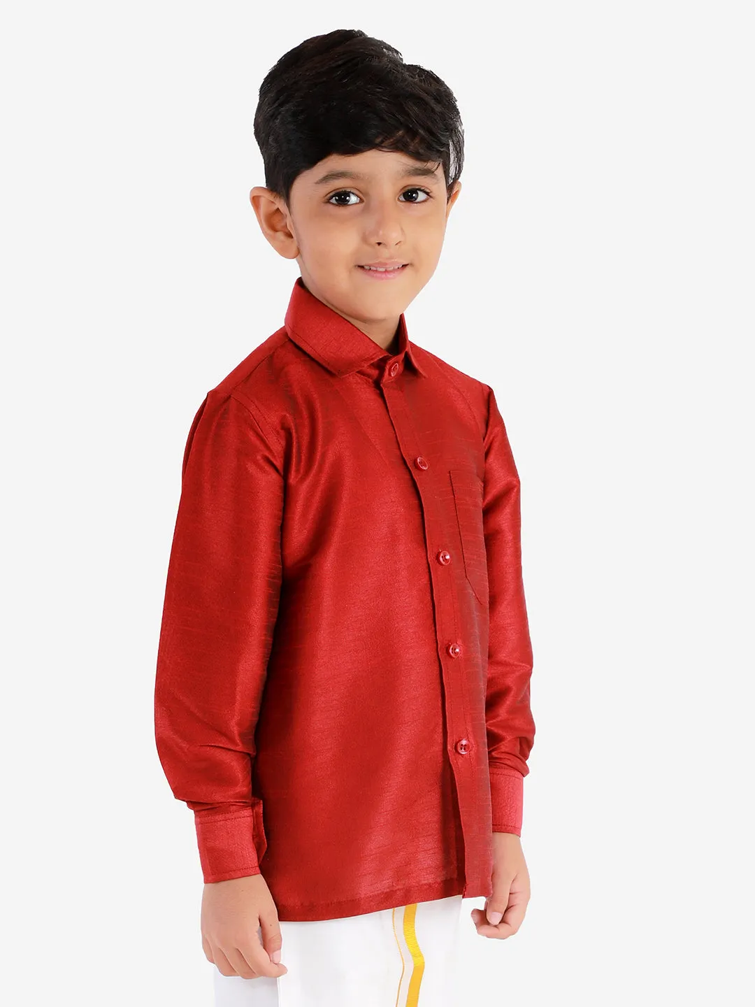 VASTRAMAY Boys' Maroon Silk Long Sleeves Ethnic Shirt