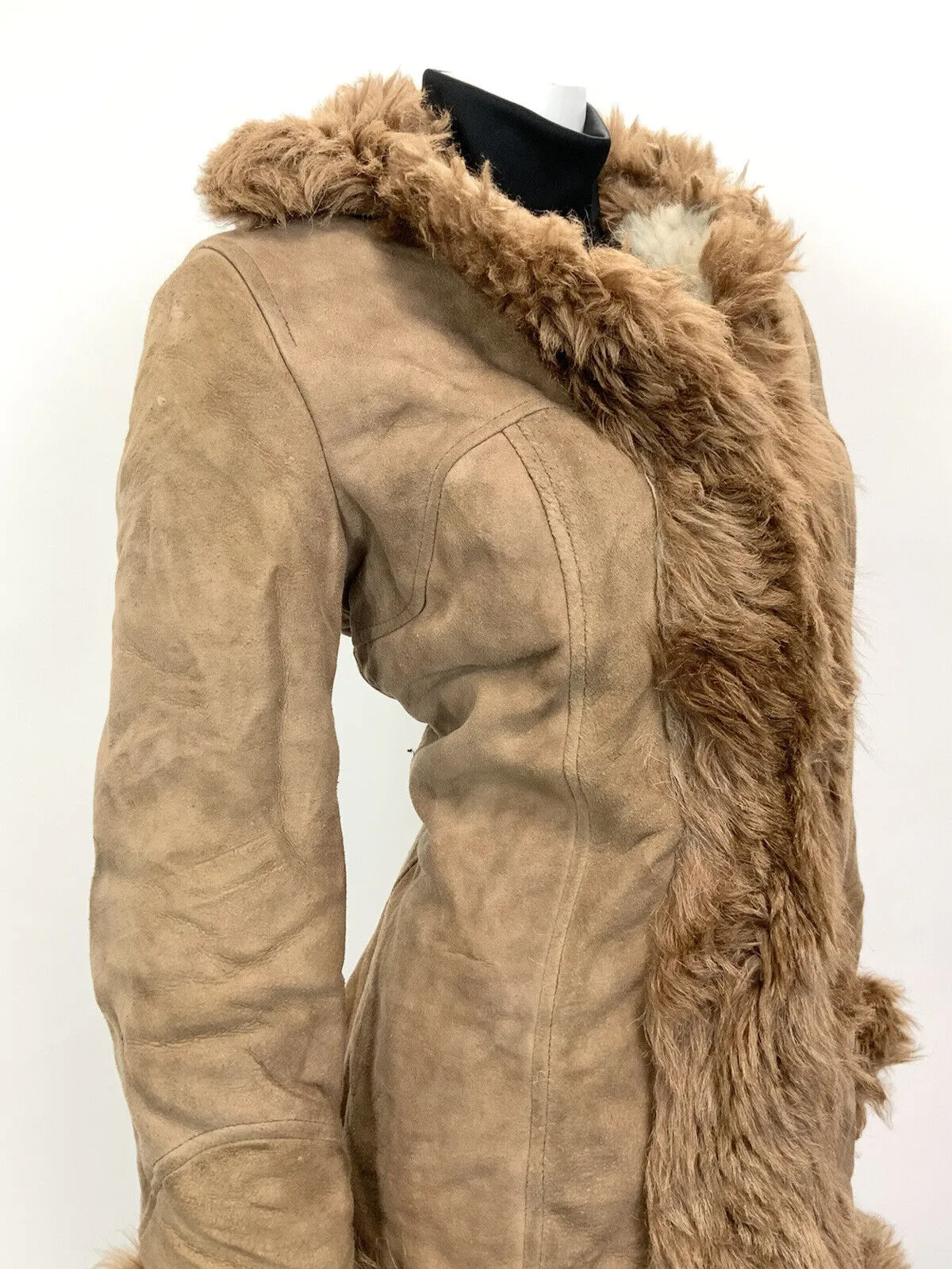 VINTAGE 60s 70s CAMEL BROWN SUEDE LEATHER SHEARLING FUR BOHO SHORT COAT 12 14