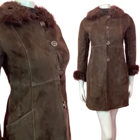 VINTAGE 60s 70s DARK BROWN SUEDE LEATHER PENNY LANE BOHO SHEARLING COAT 6 8