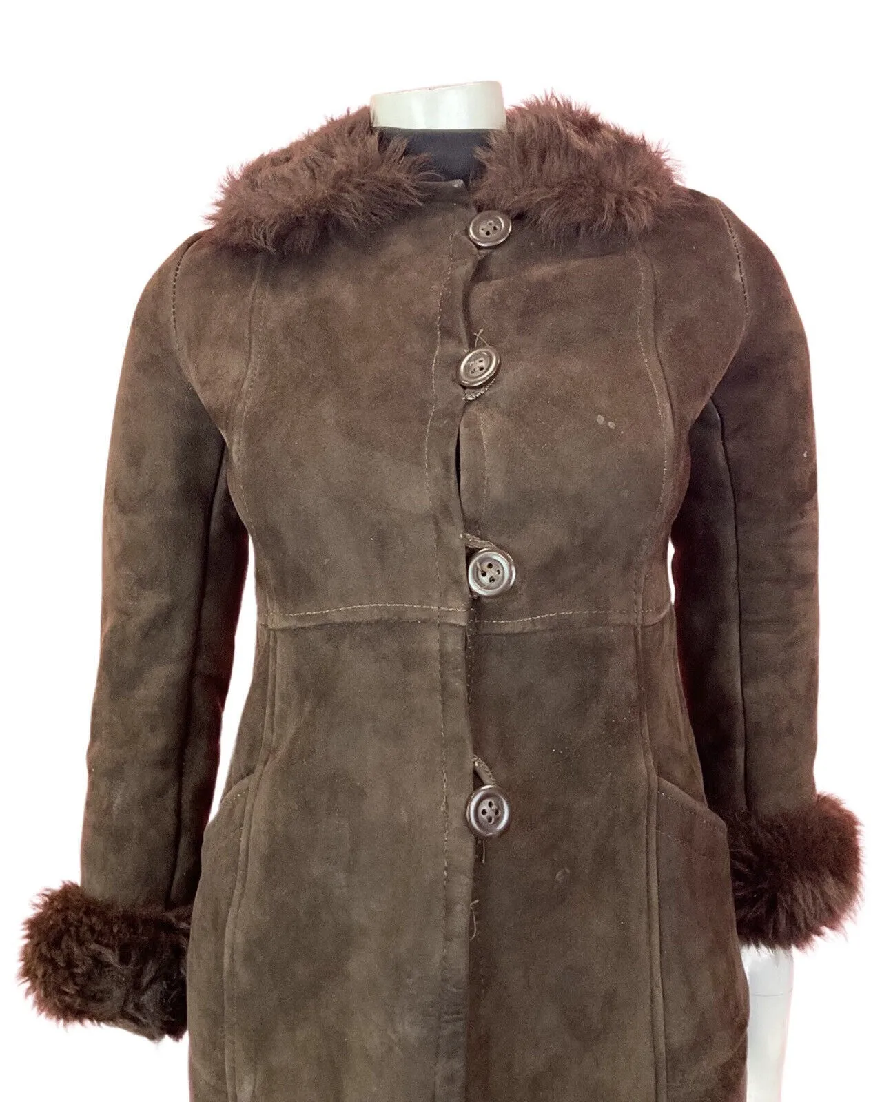 VINTAGE 60s 70s DARK BROWN SUEDE LEATHER PENNY LANE BOHO SHEARLING COAT 6 8