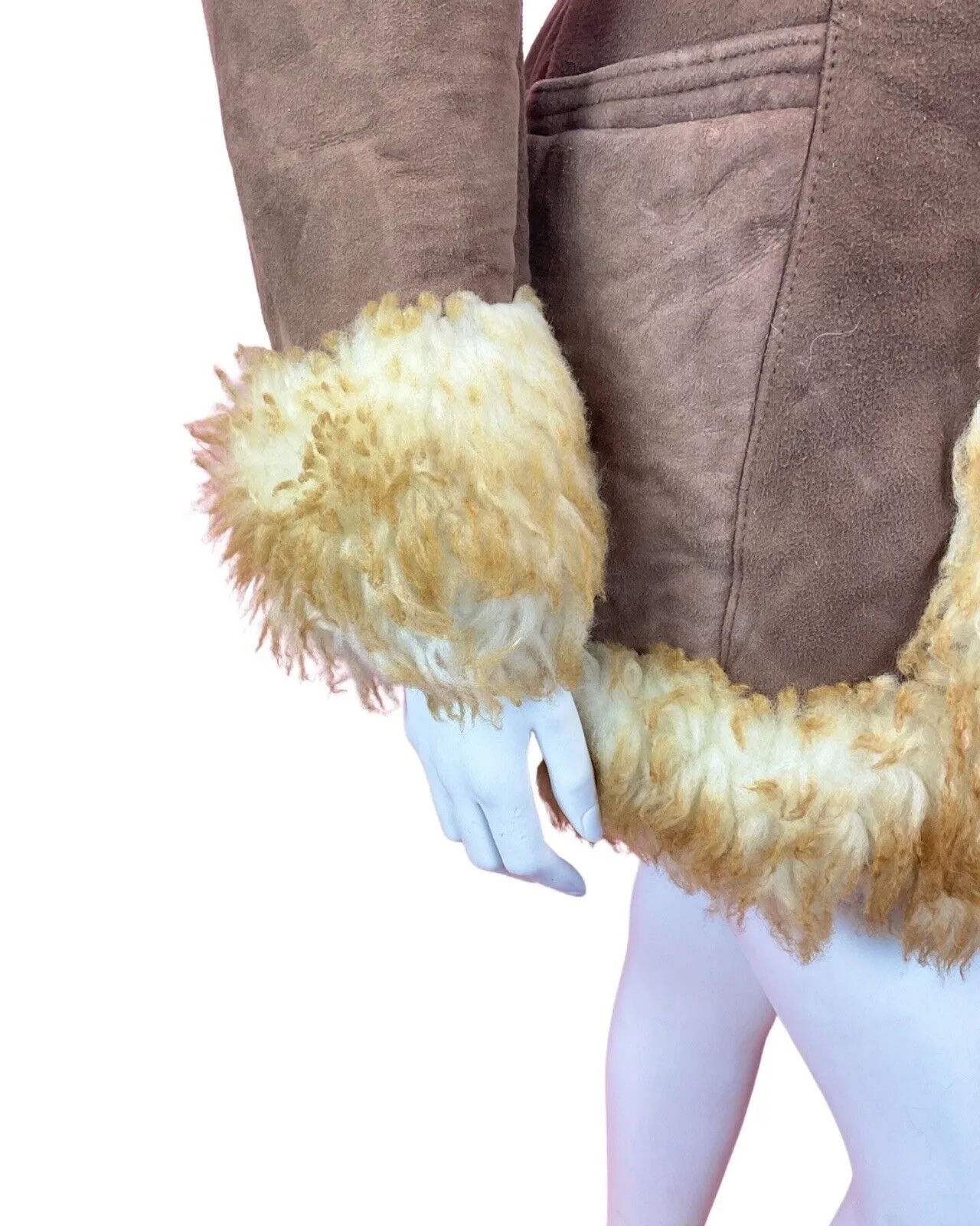 VINTAGE 60s 70s PEANUT BROWN CREAM SUEDE BOHO PENNY LANE SHEARLING COAT 10 12