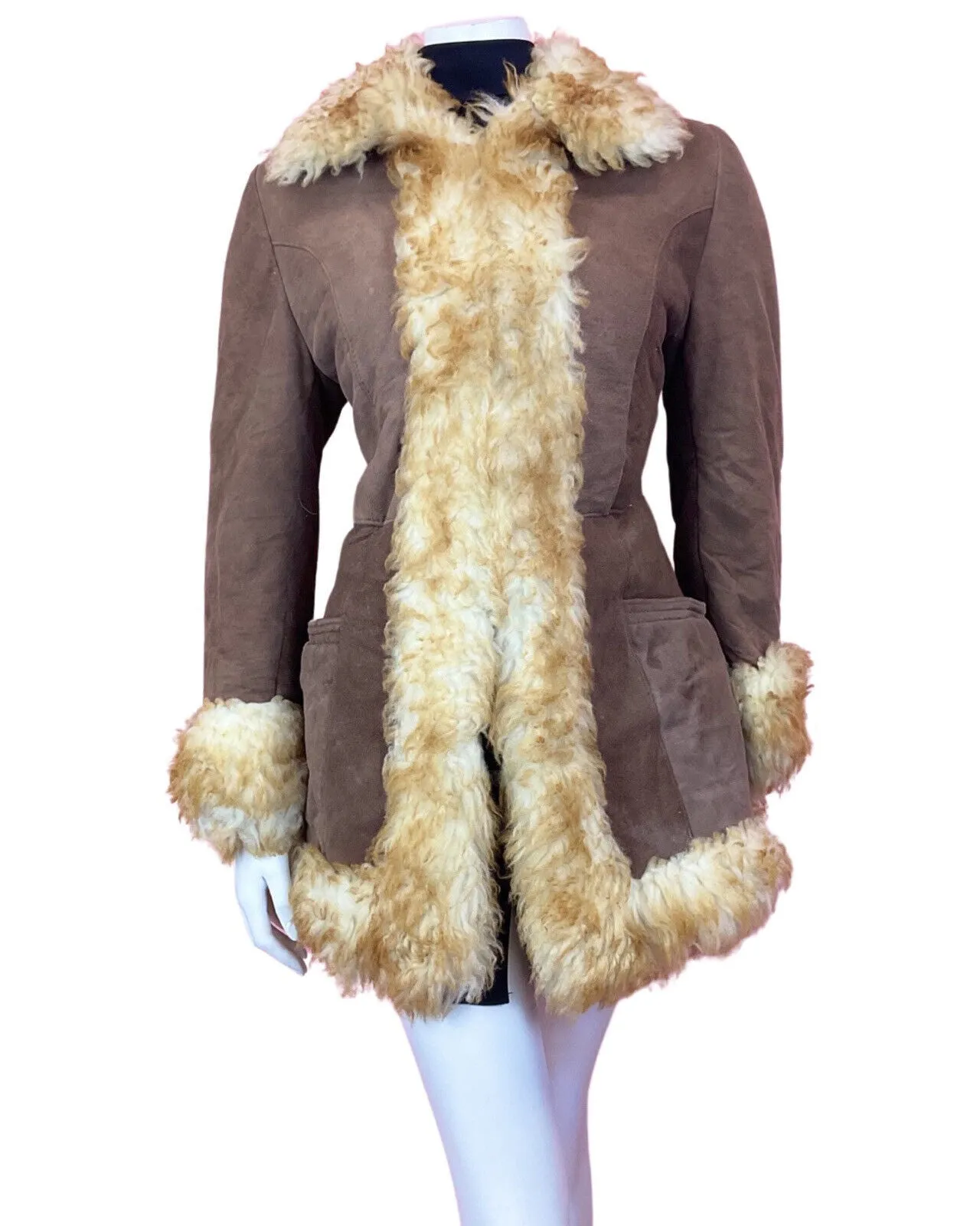 VINTAGE 60s 70s PEANUT BROWN CREAM SUEDE BOHO PENNY LANE SHEARLING COAT 10 12