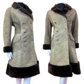 VINTAGE 60s 70s PEANUT BROWN SUEDE LEATHER DOUBLE-BREASTED FUR COLLAR COAT 14