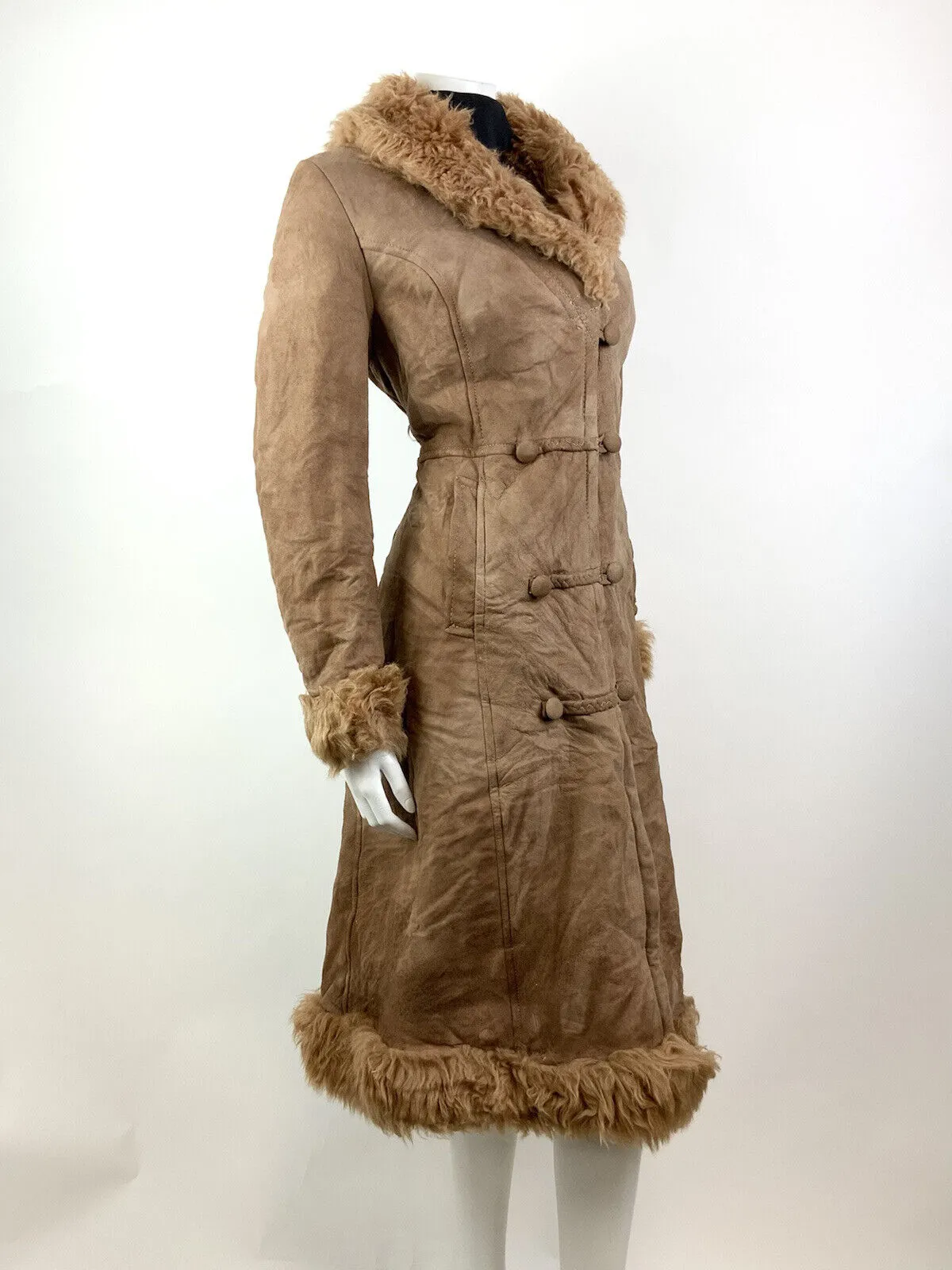 VINTAGE 60s 70s TAWNY BROWN SUEDE LEATHER SHEARLING FUR BOHO PRINCESS COAT 10 12