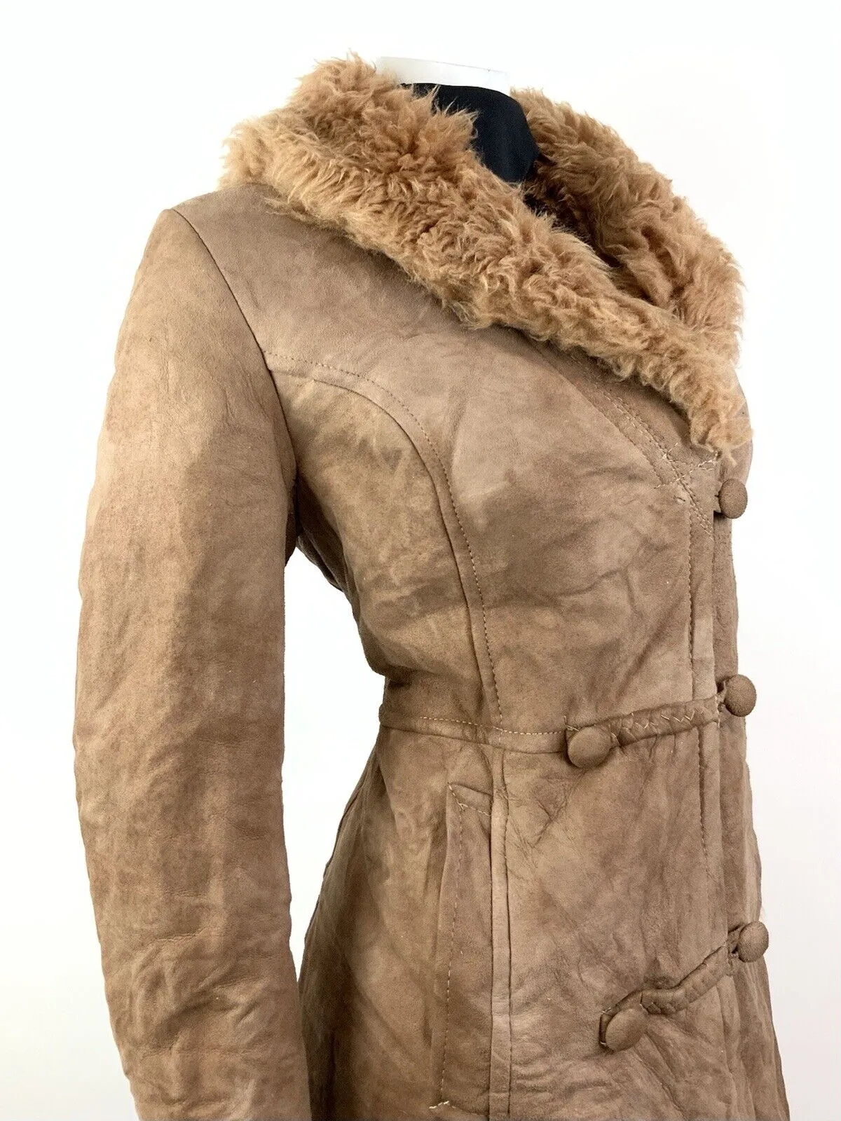 VINTAGE 60s 70s TAWNY BROWN SUEDE LEATHER SHEARLING FUR BOHO PRINCESS COAT 10 12