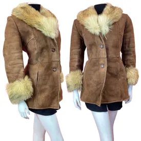 VINTAGE 60s 70s WARM BROWN SUEDE LEATHER FUR COLLAR PENNY SHEARLING COAT 12 14