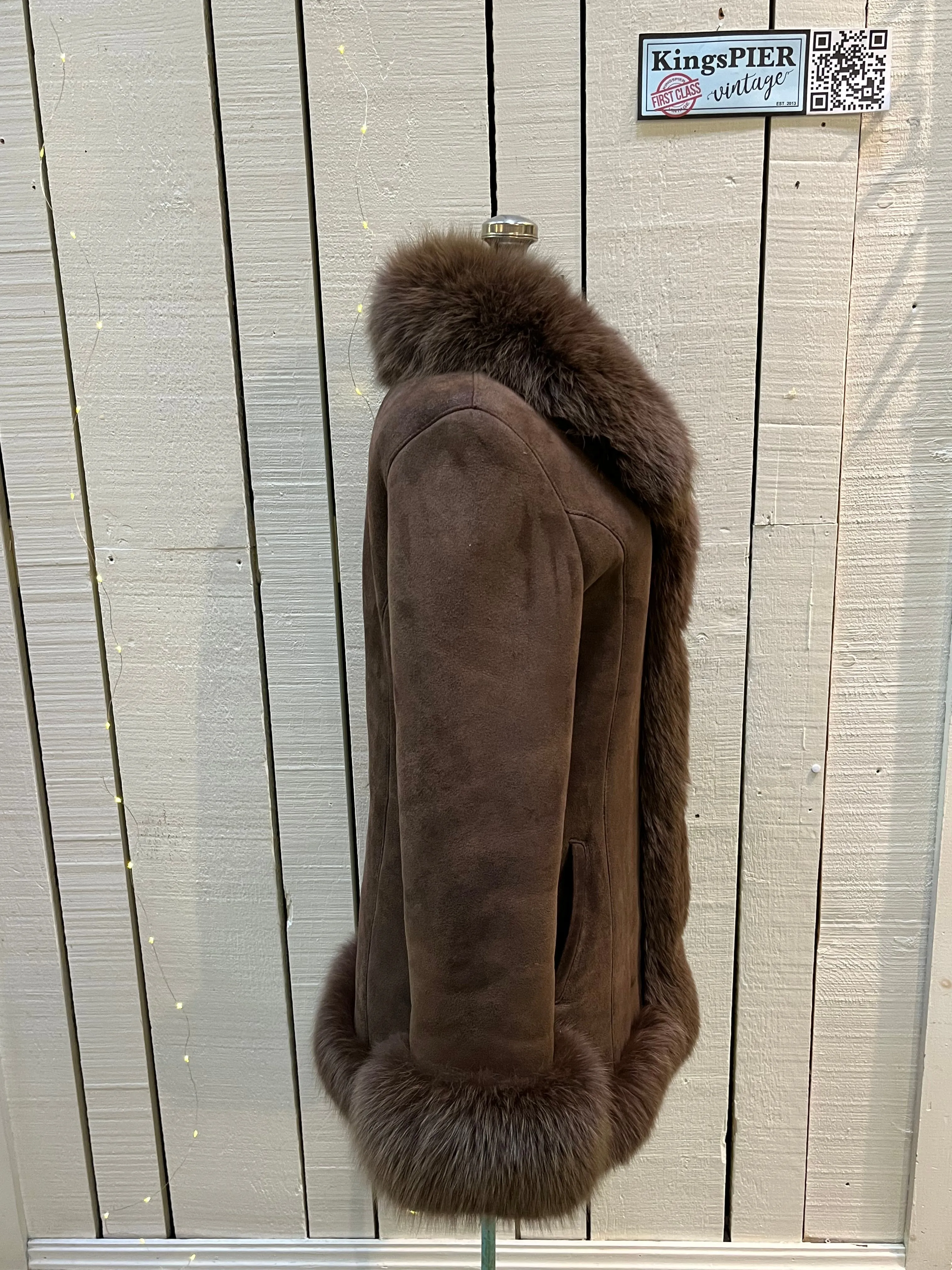 Vintage Bozena Hand-Made Brown Shearling Coat with Fur Trim, Size Medium