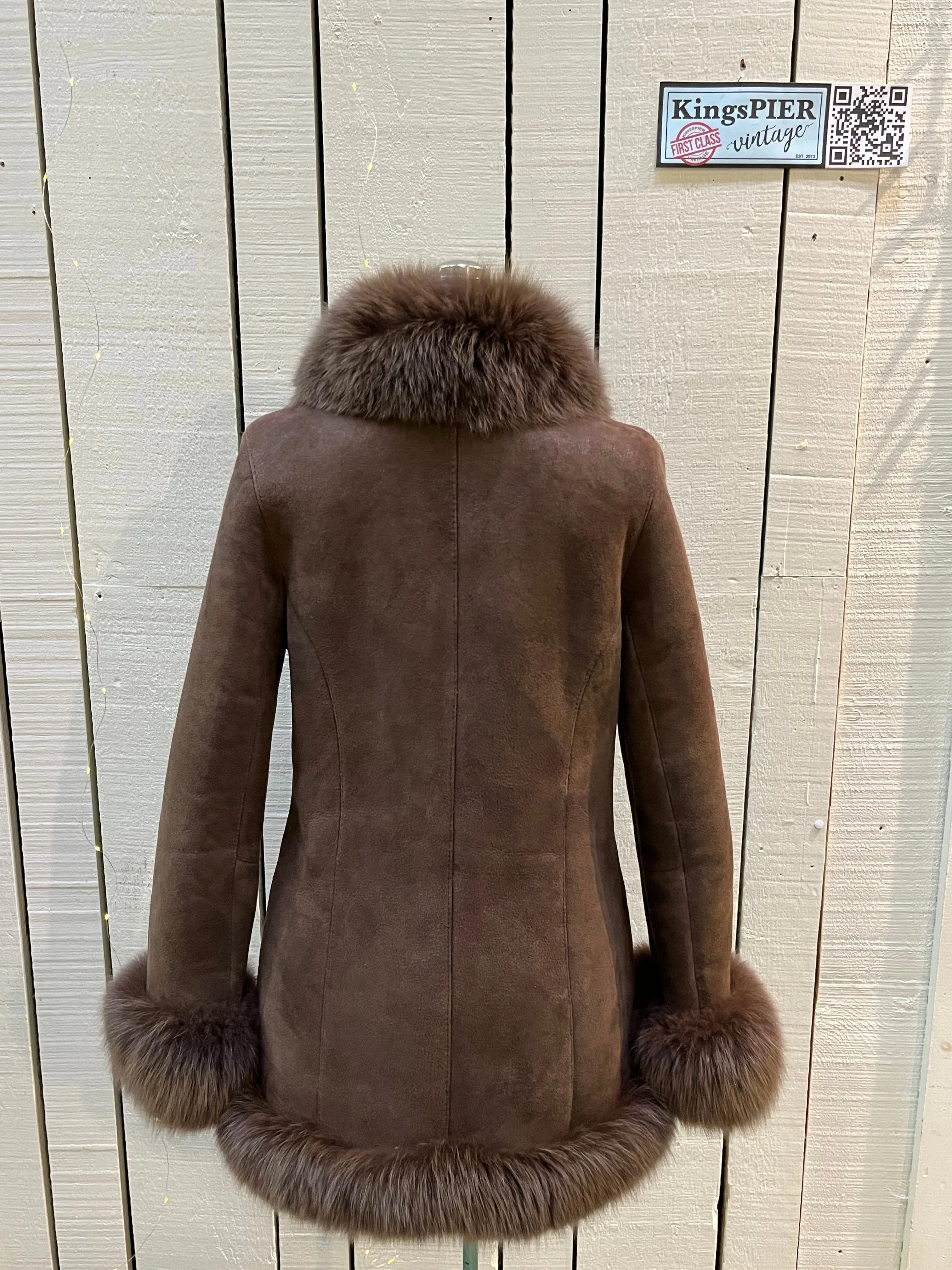 Vintage Bozena Hand-Made Brown Shearling Coat with Fur Trim, Size Medium