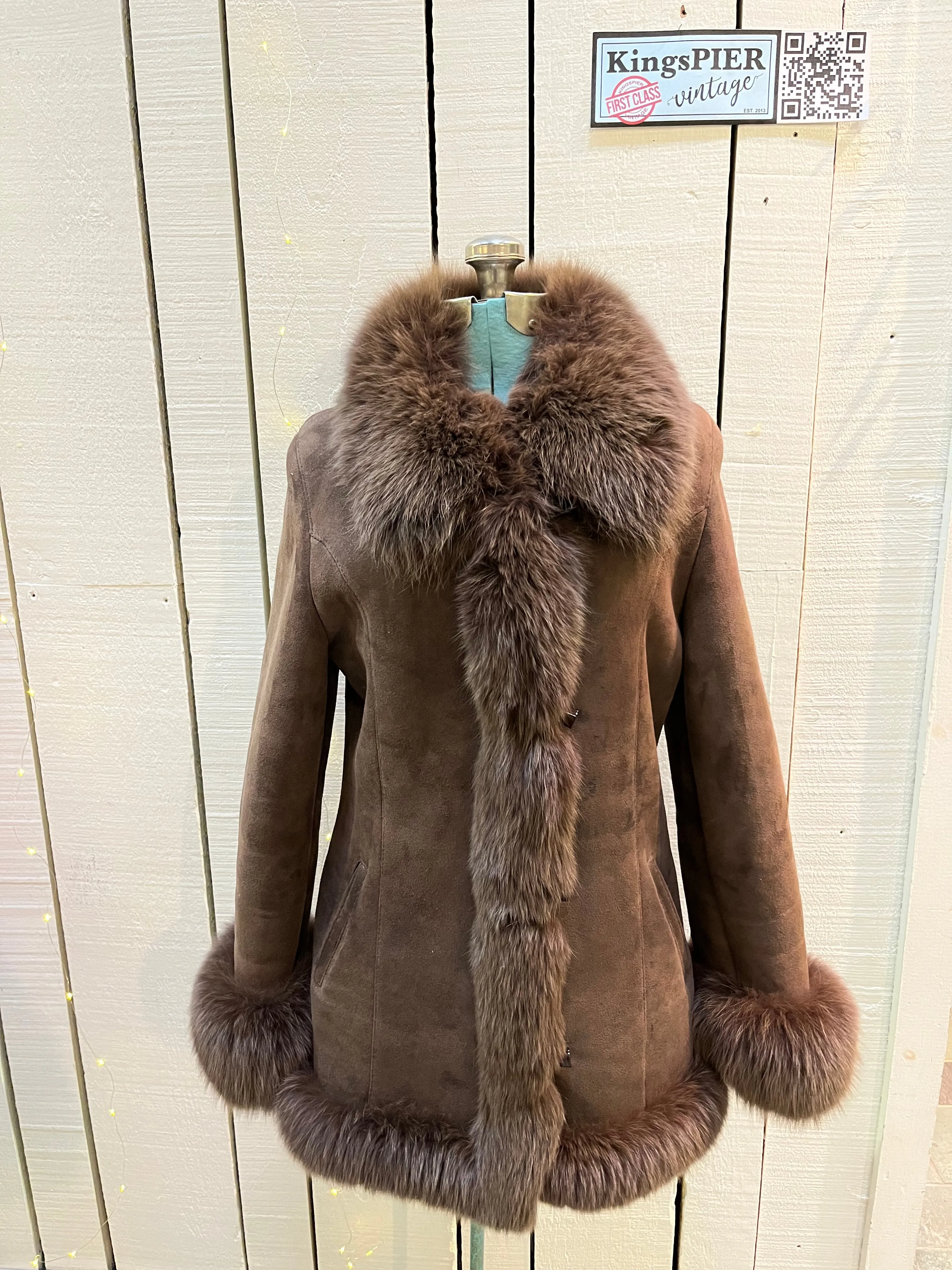 Vintage Bozena Hand-Made Brown Shearling Coat with Fur Trim, Size Medium