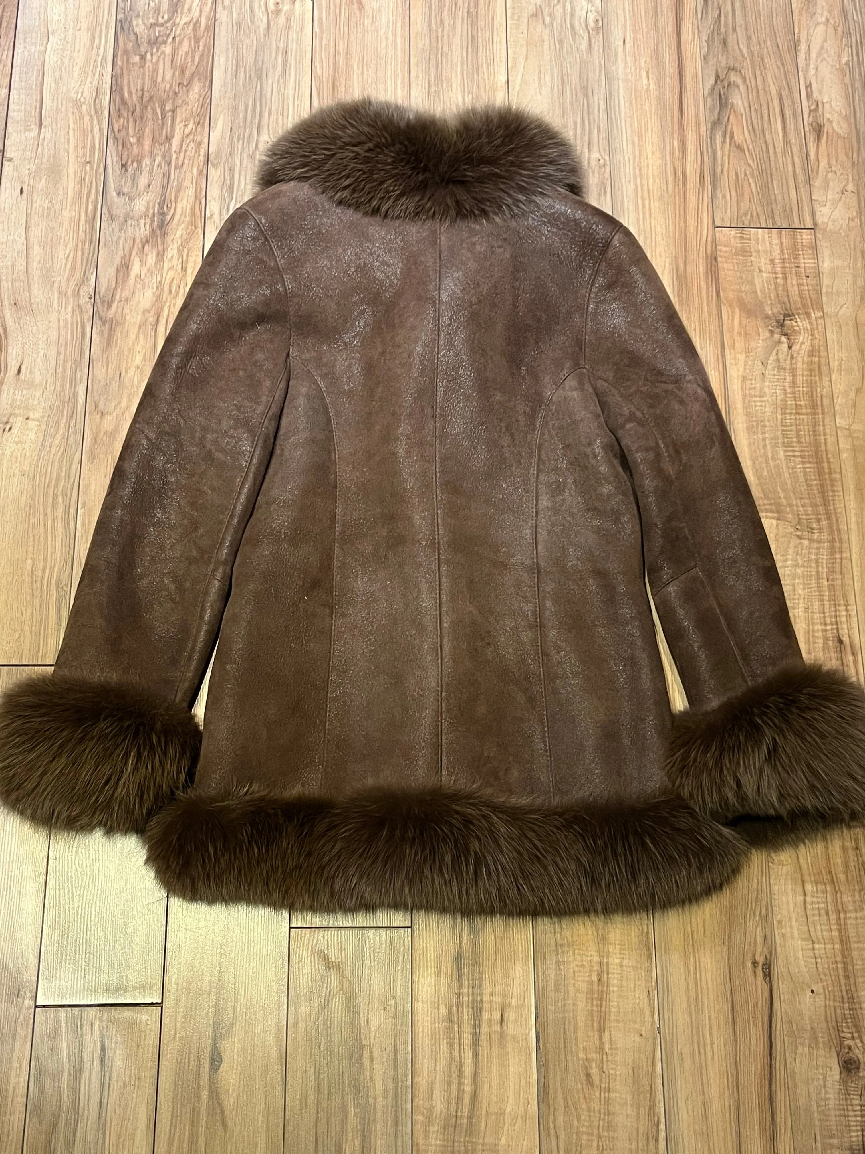 Vintage Bozena Hand-Made Brown Shearling Coat with Fur Trim, Size Medium