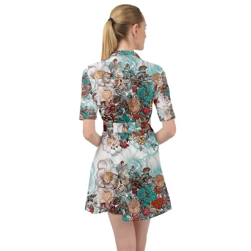 Vintage Floral Butterfly Belted Shirt Dress