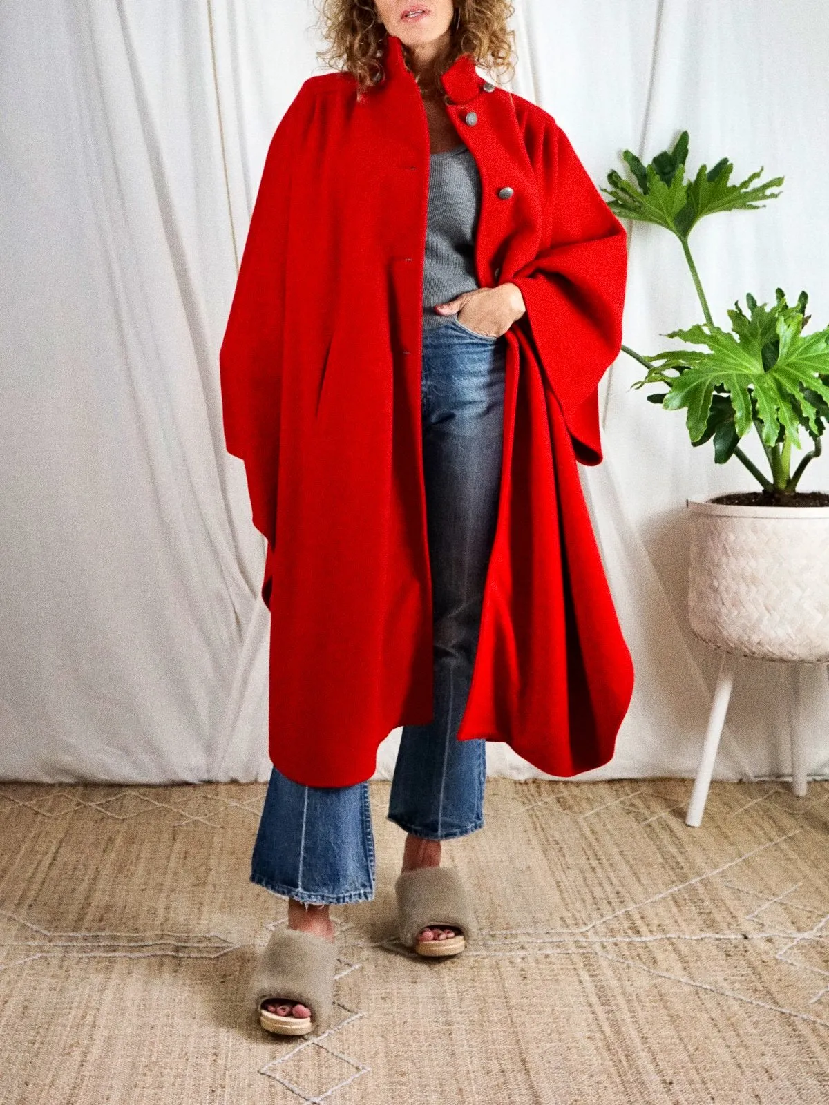 Vintage Lipstick Red Pleated Wool Cape