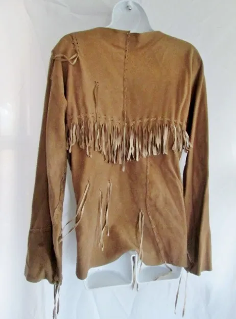 Vintage Womens ERDA MAINE Suede FRINGE Hippie Jacket Coat Dress BROWN S Boho