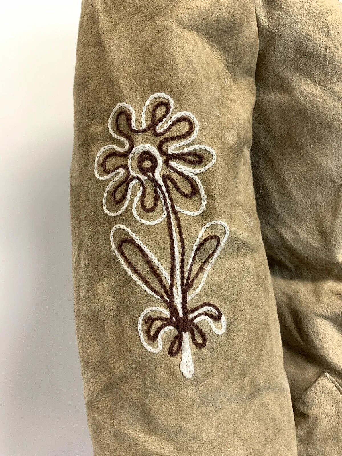 VTG 60s 70s BEIGE BROWN EMBROIDERED FLORAL HOODED TOGGLE BOHO FOLK COAT 14 16